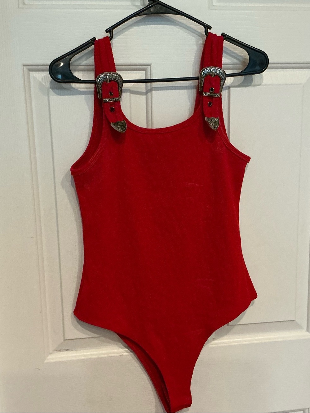 Red Buckle-Strap Bodysuit for Women